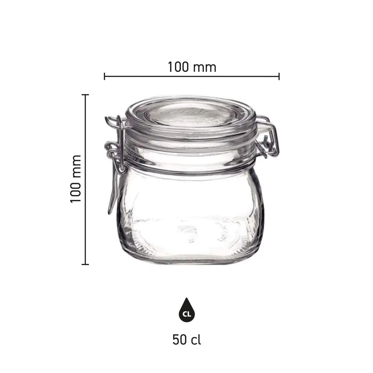 Infographic toont hoogte, breedte en inhoud van Fido weckpot 0,5 liter vierkant glas.