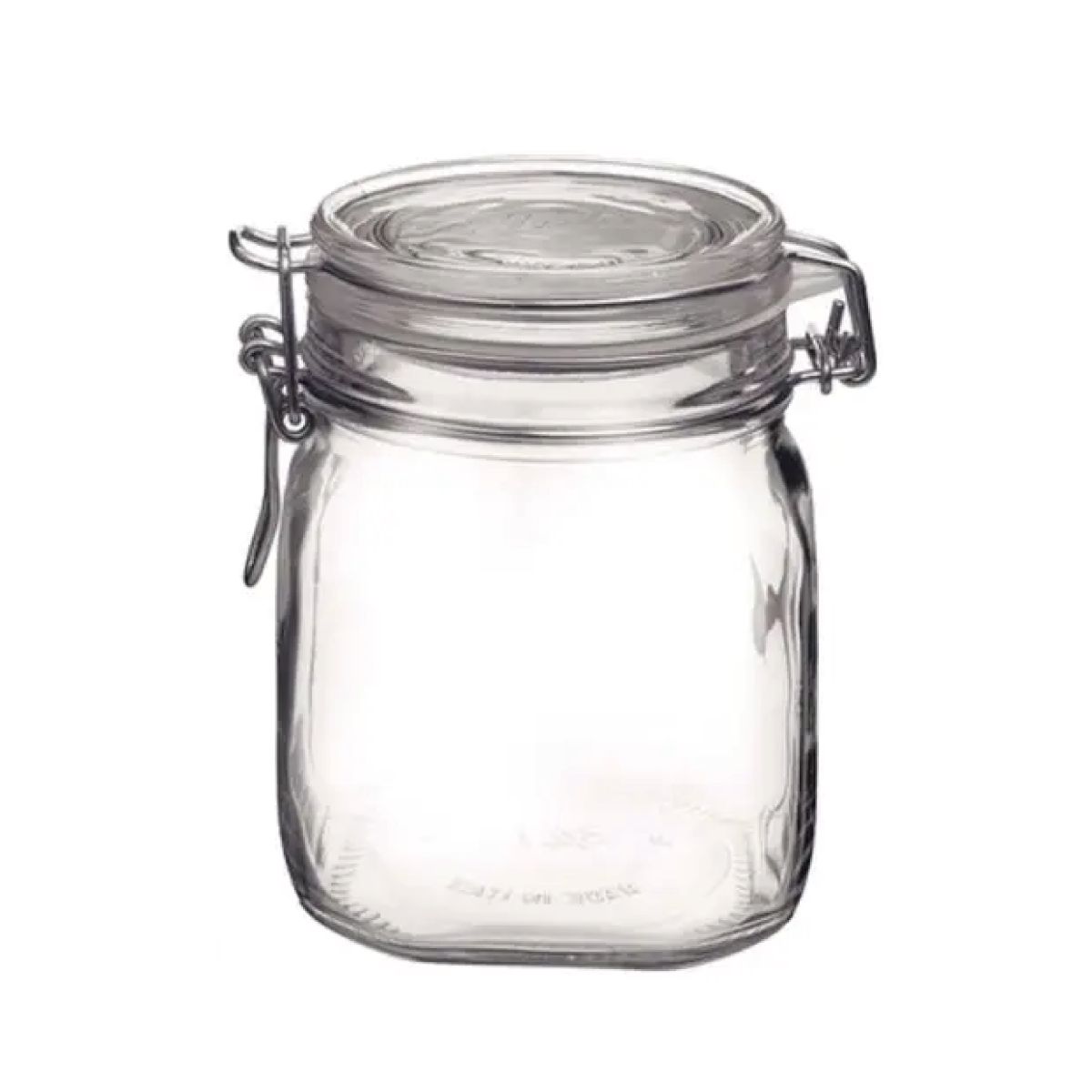 Square Fido weck jar 0.75 litre made of glass in front view with robust clasp closure. Square Fido weck jar 0.75 litre made of glass in front view with robust clasp closure.