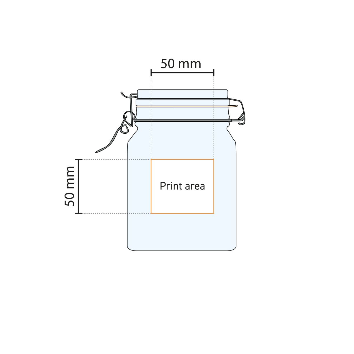 Technical working drawing shows printing area on square glass Fido weck jar 1 litre.