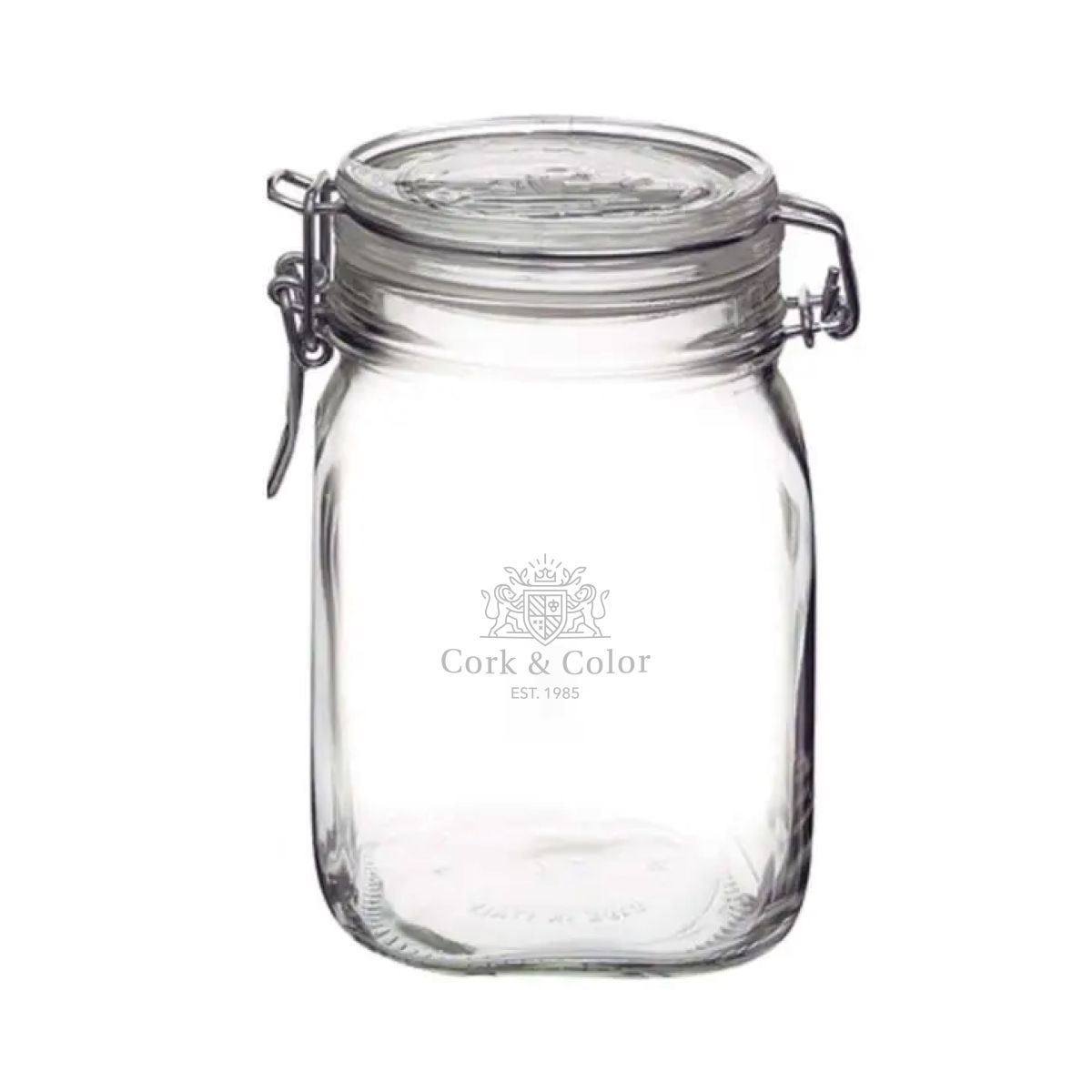 Engraving of CorkColor logo visible on front of square glass Fido weck jar 1 litre.