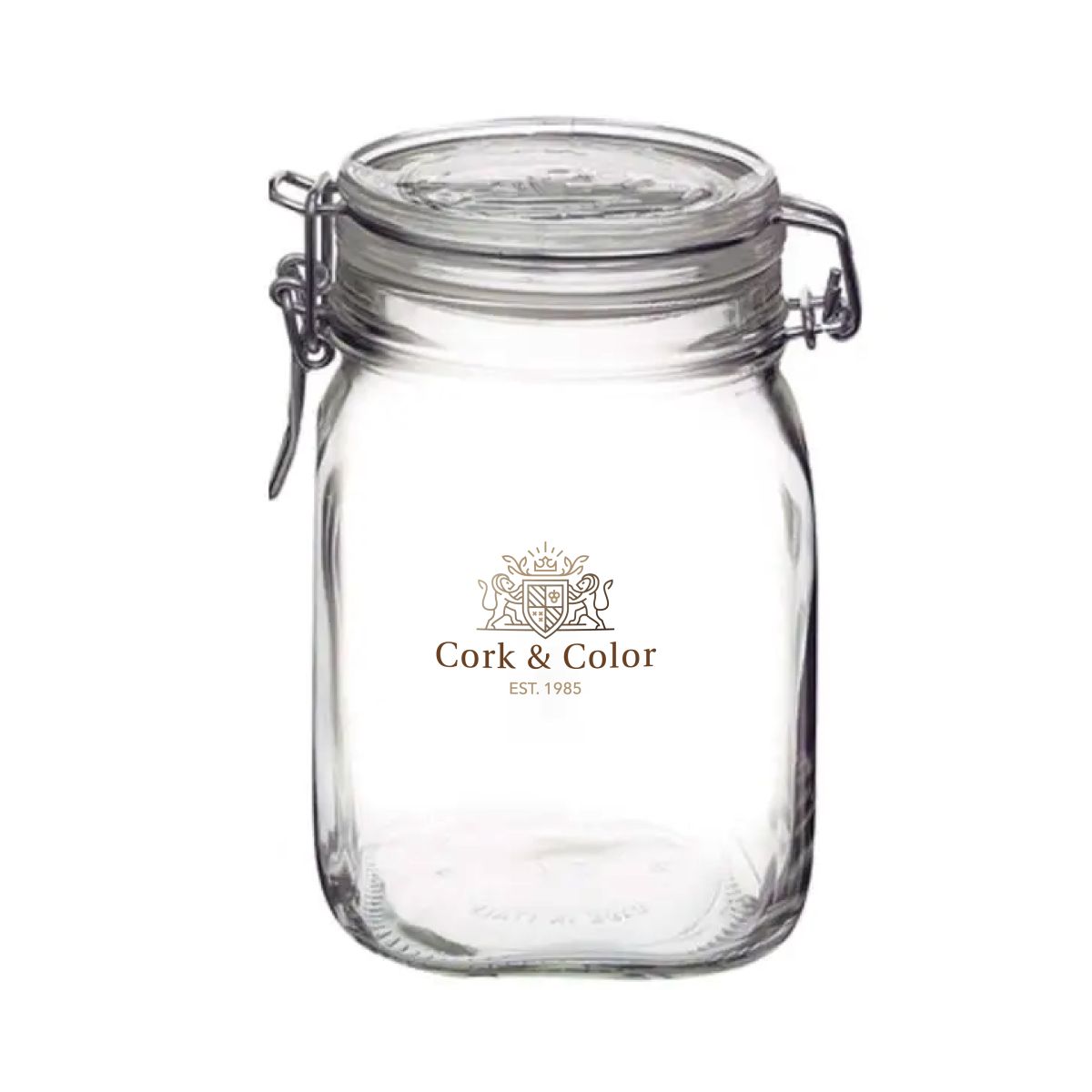 Full-colour CorkColor logo centred on glass Fido weck jar 1 litre in square design.