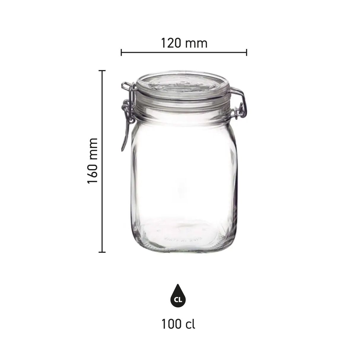 Infographic showing dimensions of square glass Fido weck jar 1 litre including height and width.
