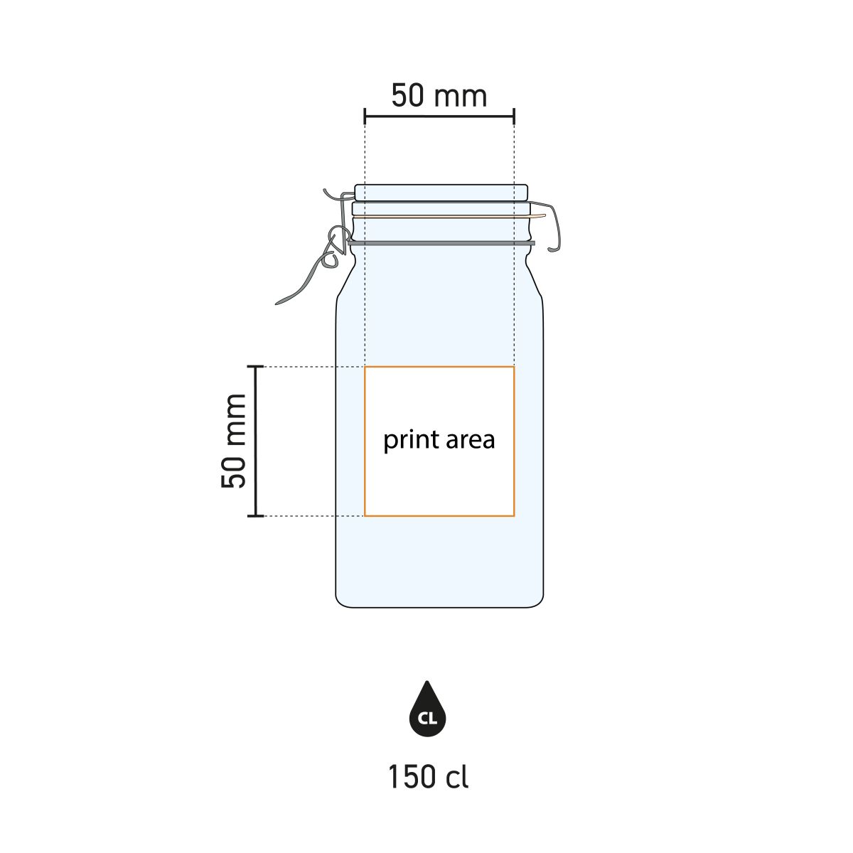 Square glass weckpot Fido 0.75 litre with multicoloured DailyDrinks logo on the front, technical drawing with print area