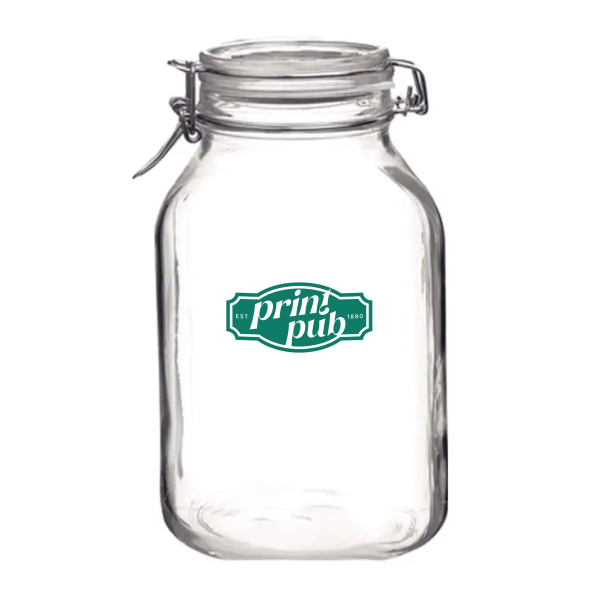 Fido weck jar 1.5 litre square glass with PrintPub logo in one colour centred on the front.