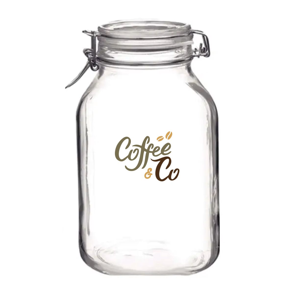 Front of glass weck jar Fido 1.5 litres with multicoloured CoffeeCo logo on smooth surface.