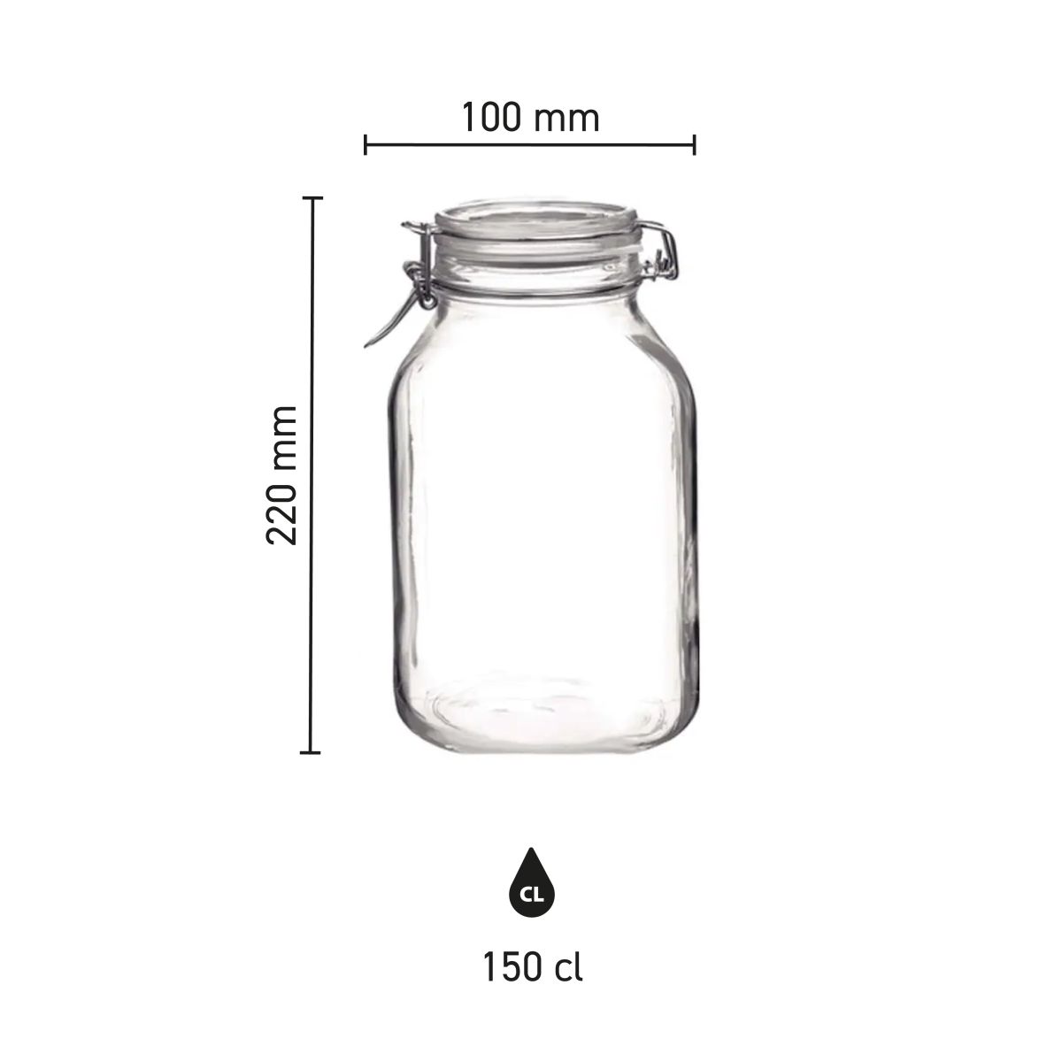 Infographic shows dimensions of Fido weck jar 1.5 litre square glass with height and width.