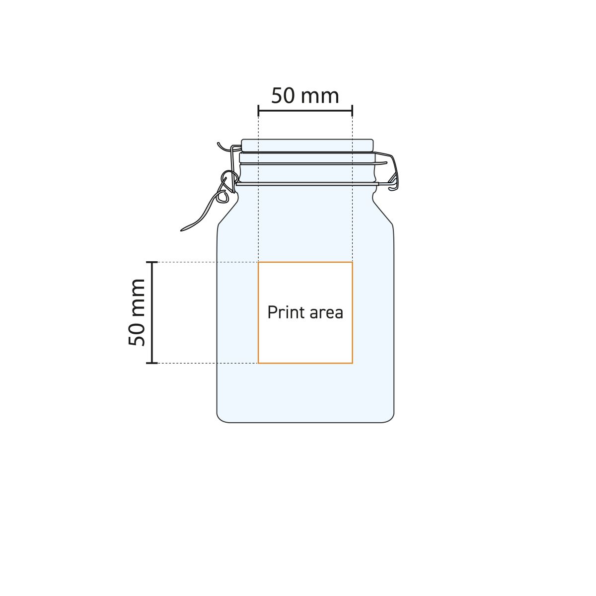 Technical working drawing shows pressure area on Fido weck jar square glass 2 litres.