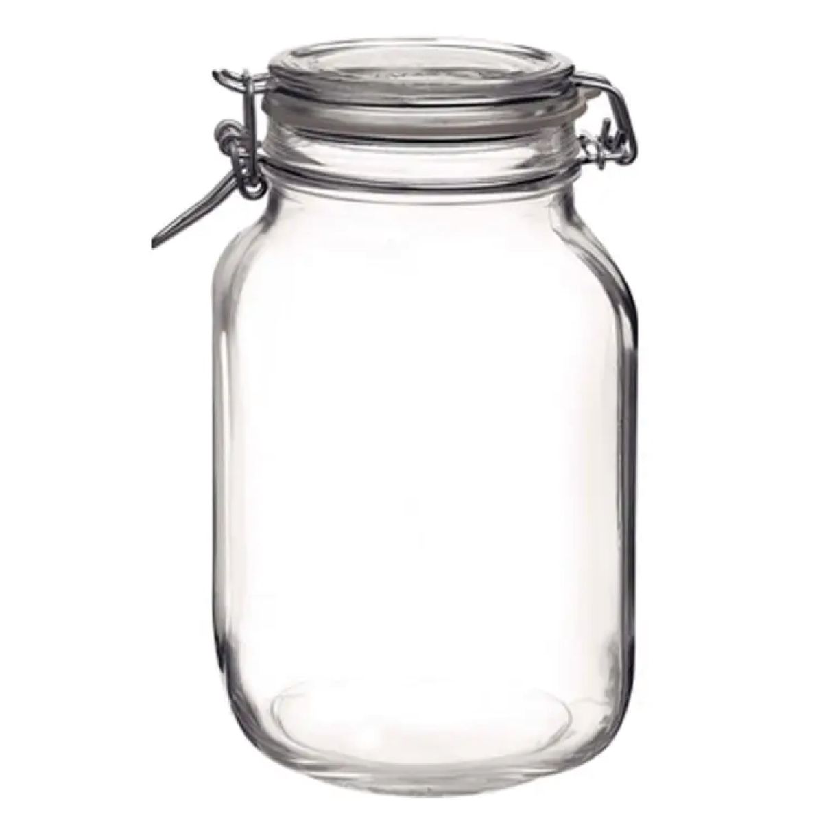 Front view of glass weck jar Fido 2 litre with square shape and metal clasp closure.