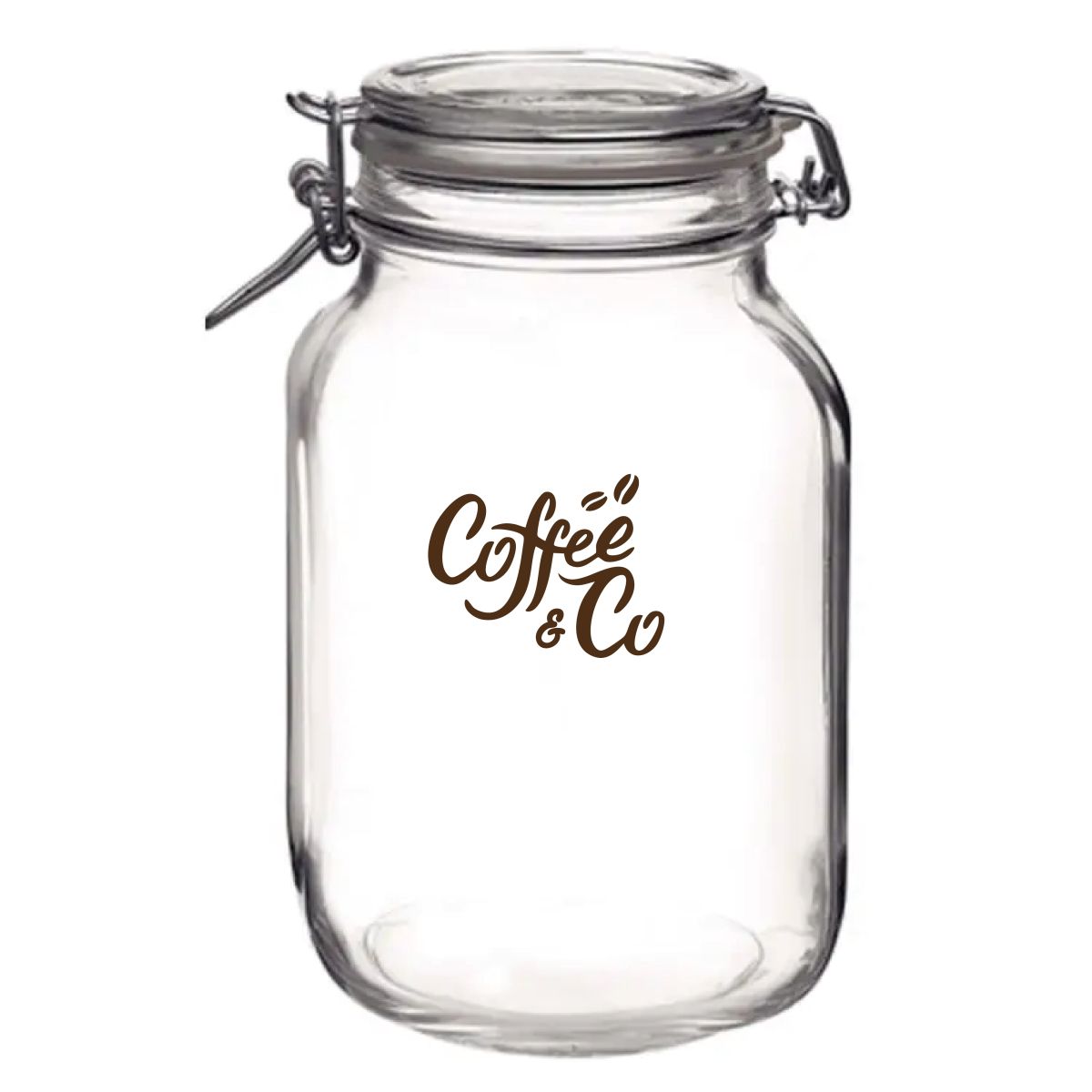 Fido weckpot 2 litre square glass with CoffeeCo logo in one colour on the front view.