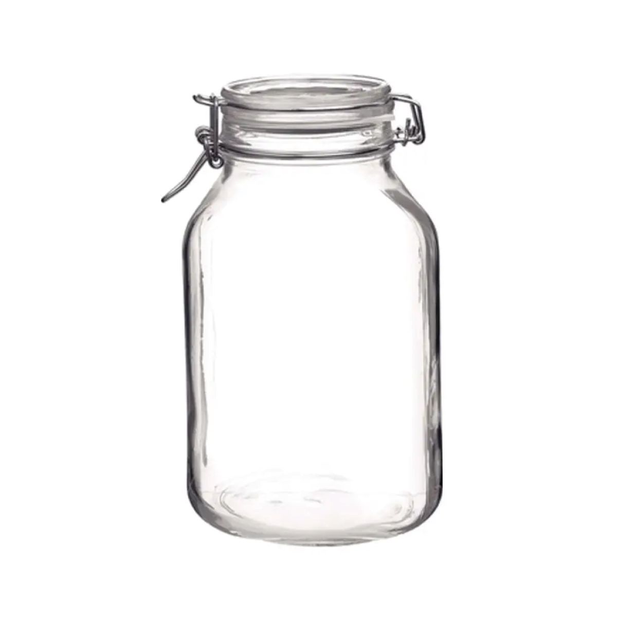 Straight front view of the Weckpot Fido 3 litre in square shape with transparent glass and metal closure.