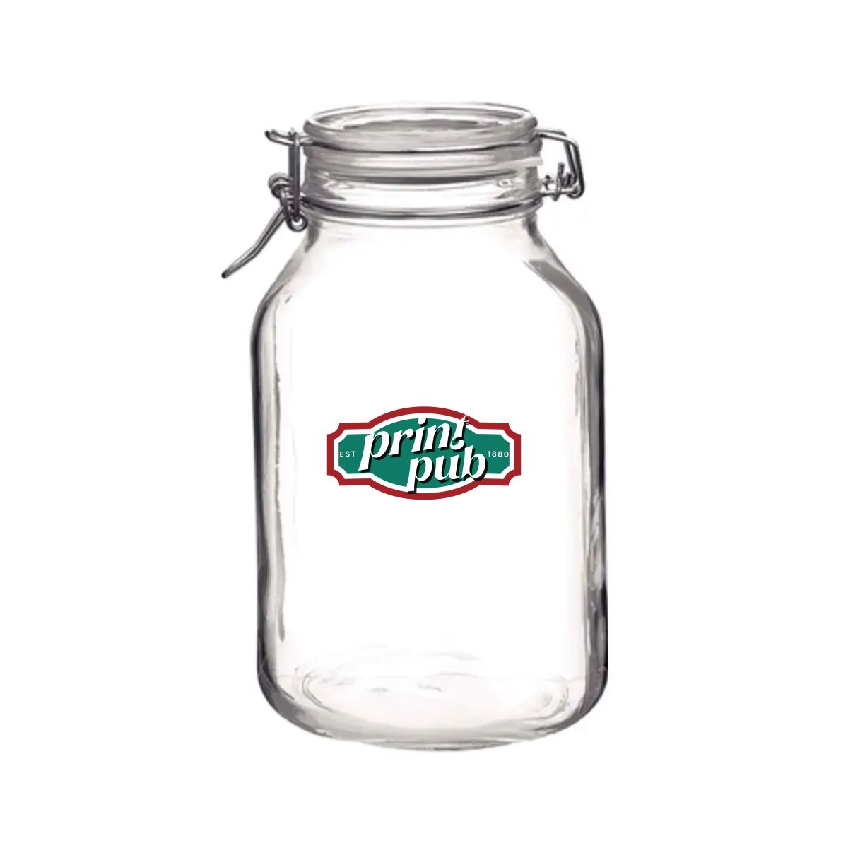 Front of square Weckpot Fido 3 litre with multicoloured PrintPub logo printed on the glass.