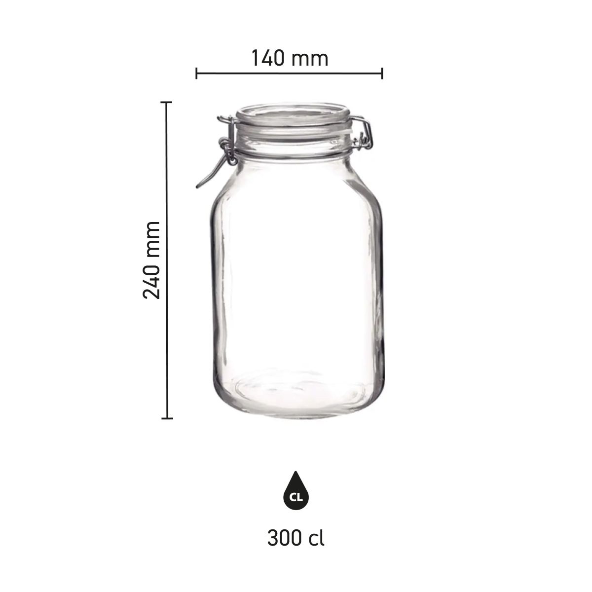 Infographic showing dimensions of the square Weckpot Fido 3 litre, shows height, width and volume.