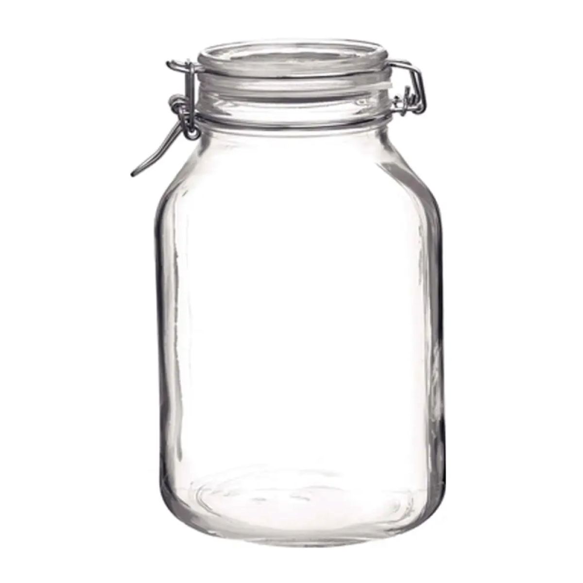 Front view of the round Weckpot Fido 4 litre with transparent glass and metal clasp closure.