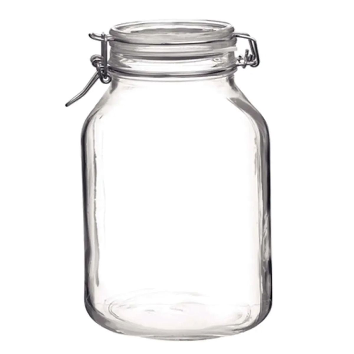 Front view of the round Weckpot Fido 5 litre with glass jar and metal bracket closure.