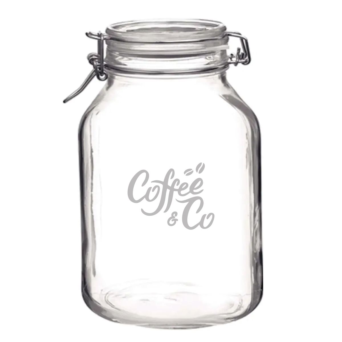 Engraved CoffeeCo logo on the round surface of the Weckpot Fido 5 litre central glass.