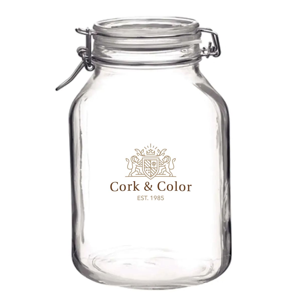 Weck jar Fido 5 litres with multicoloured CorkColor logo on the front surface of the round glass.