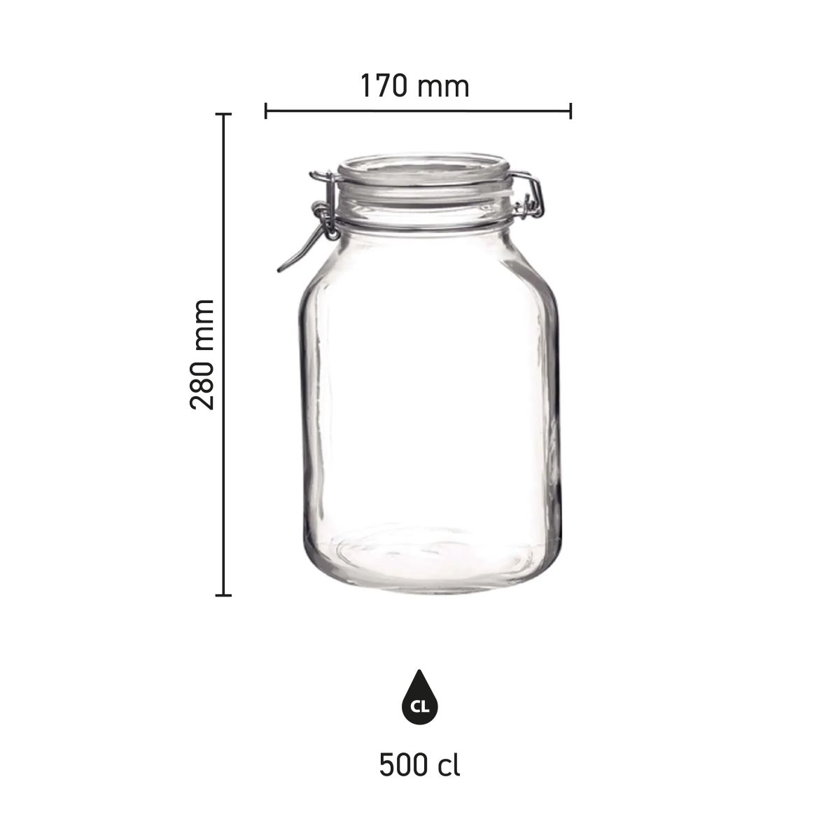 Infographic showing height, diameter and capacity of the round Weckpot Fido 5 litres in clear graduations.