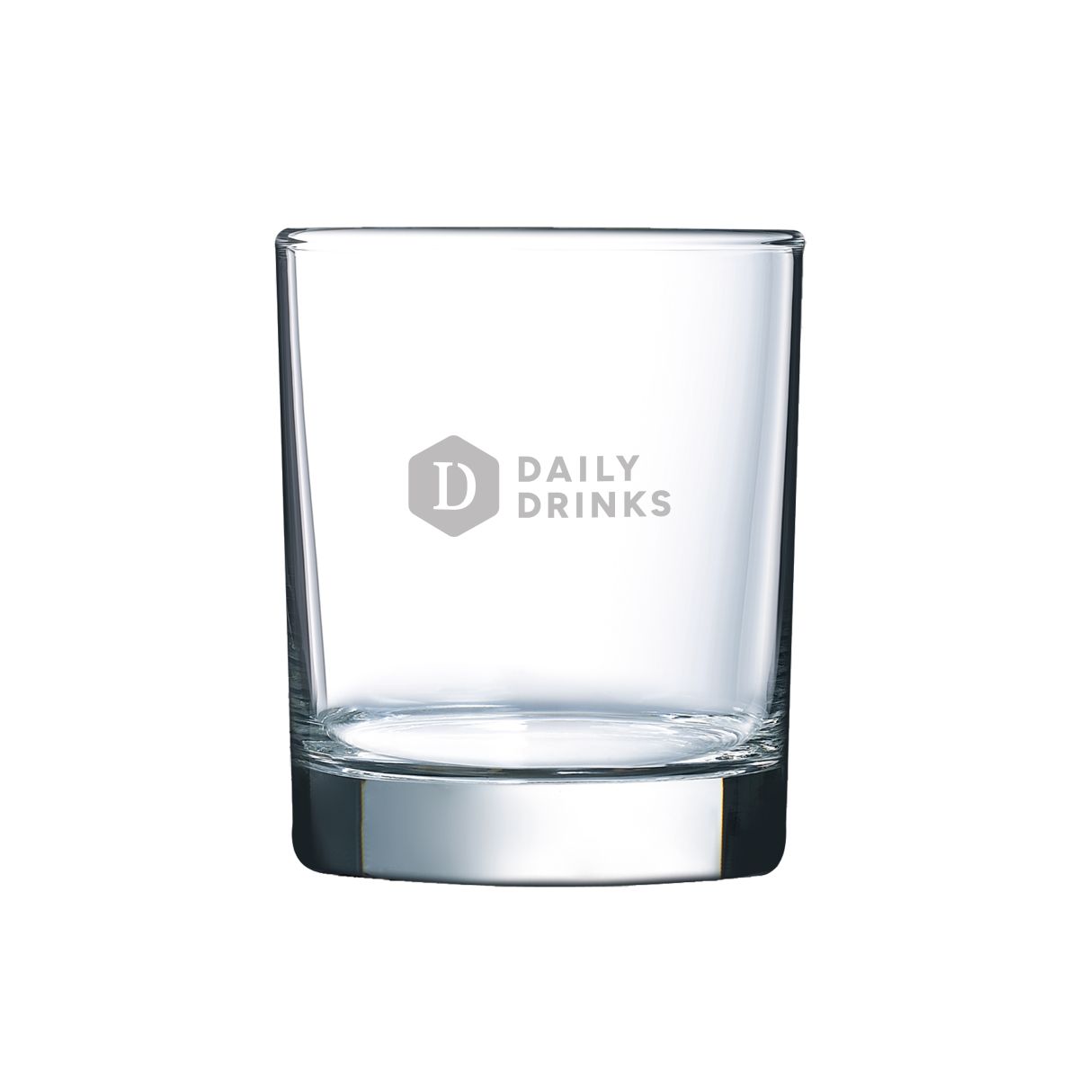 Front of whisky glass with engraved DailyDrinks logo visible.