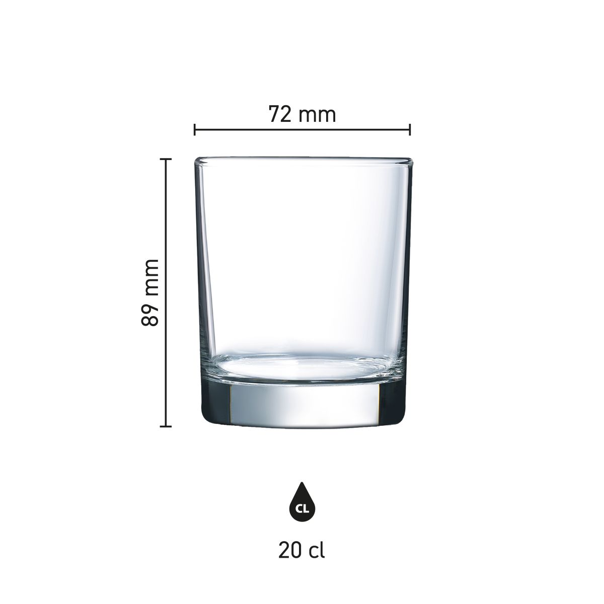 Infographic shows the exact dimensions of the 20 cl. whisky glass in millimetres.