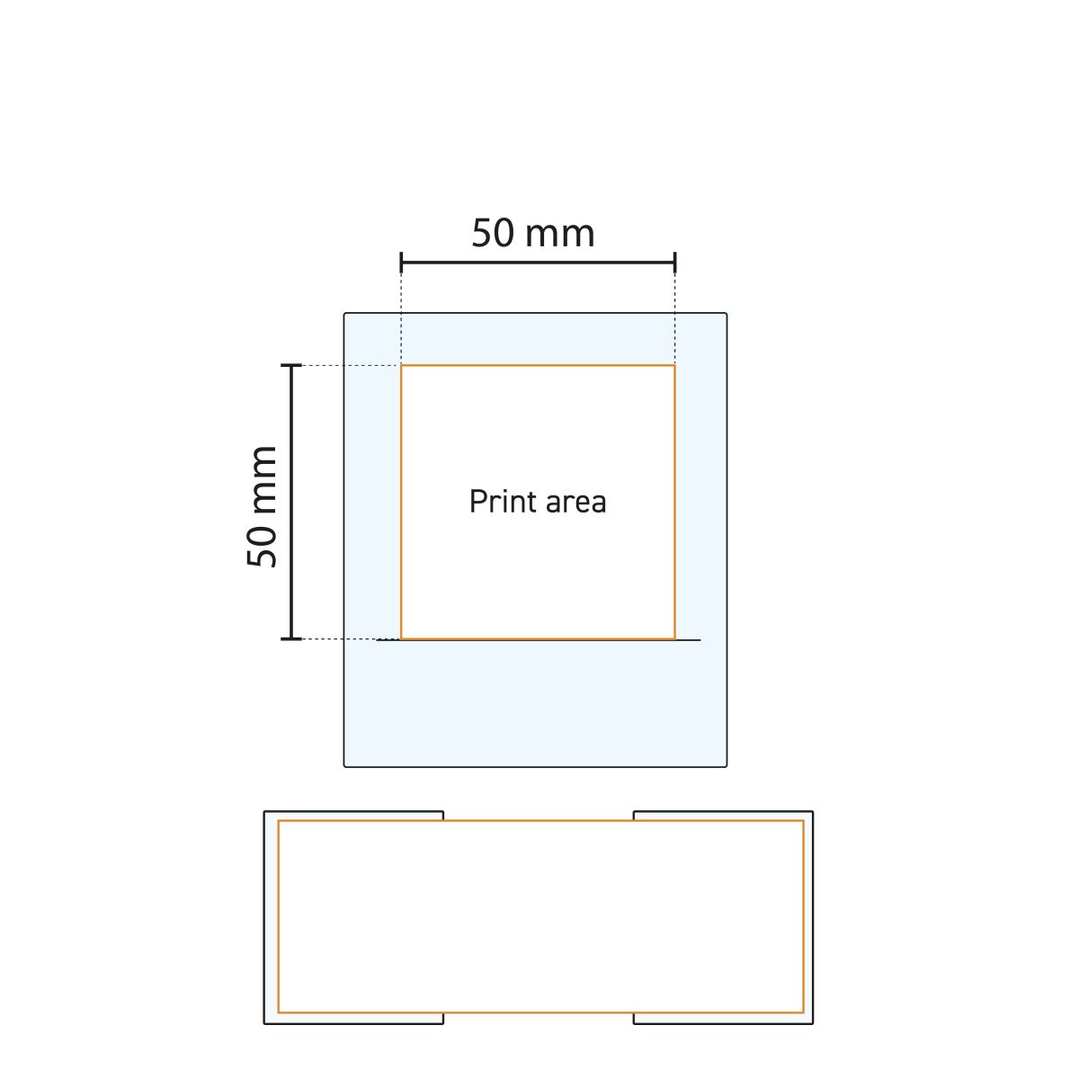 Technical working drawing of whisky glass 30 cl with marked printing area for logo.