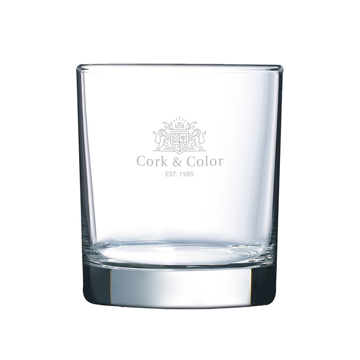 Engraved CorkColor logo on the front of 30 cl whisky glass, subtly visible in the glass.
