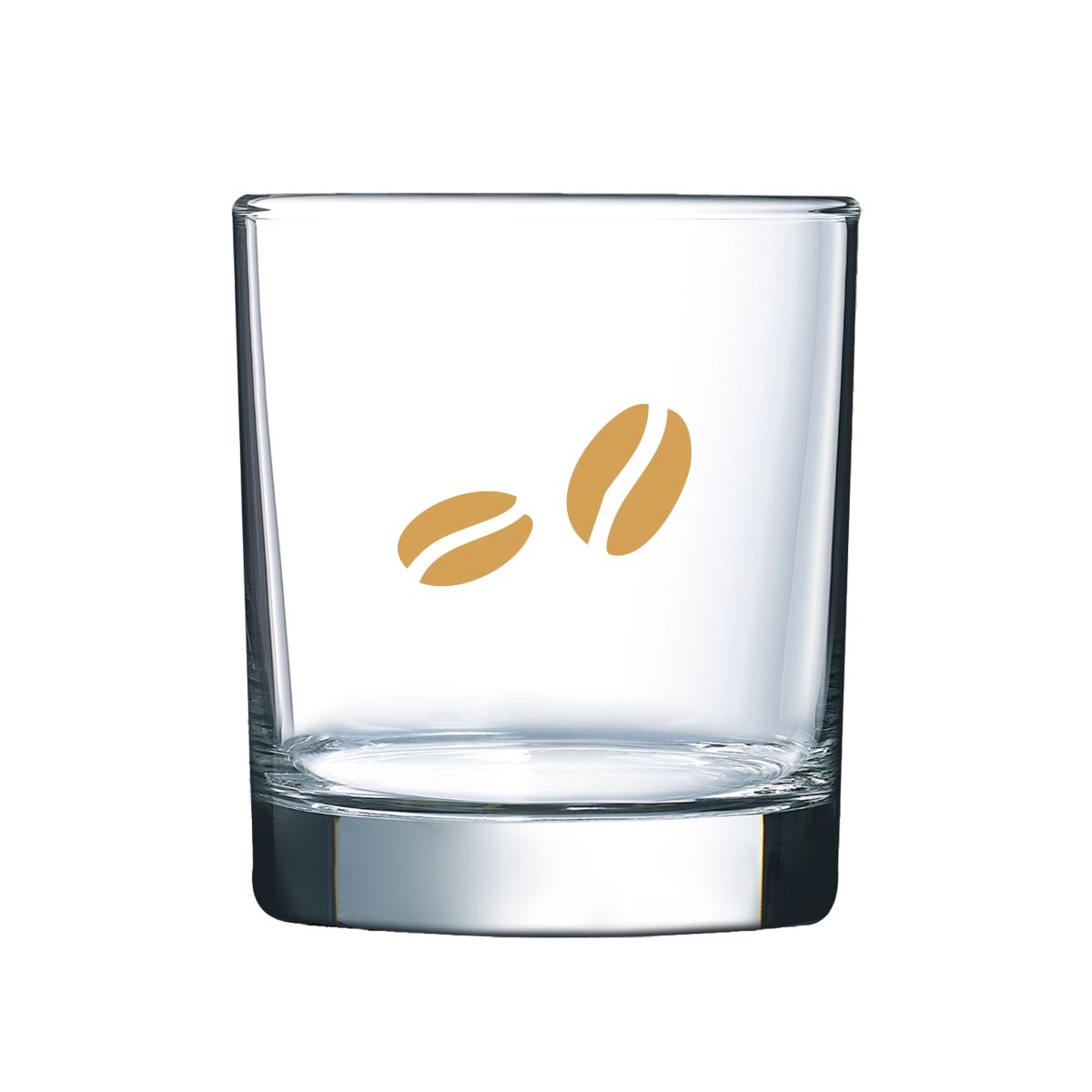 Front view of whisky glass 30 cl with printed CoffeeCo logo in one colour on the middle surface.
