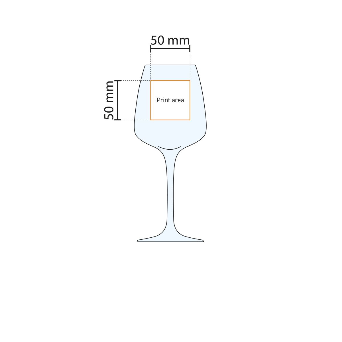 Technical working drawing of the printing area on the Aurum wine glass with exact logo position.
