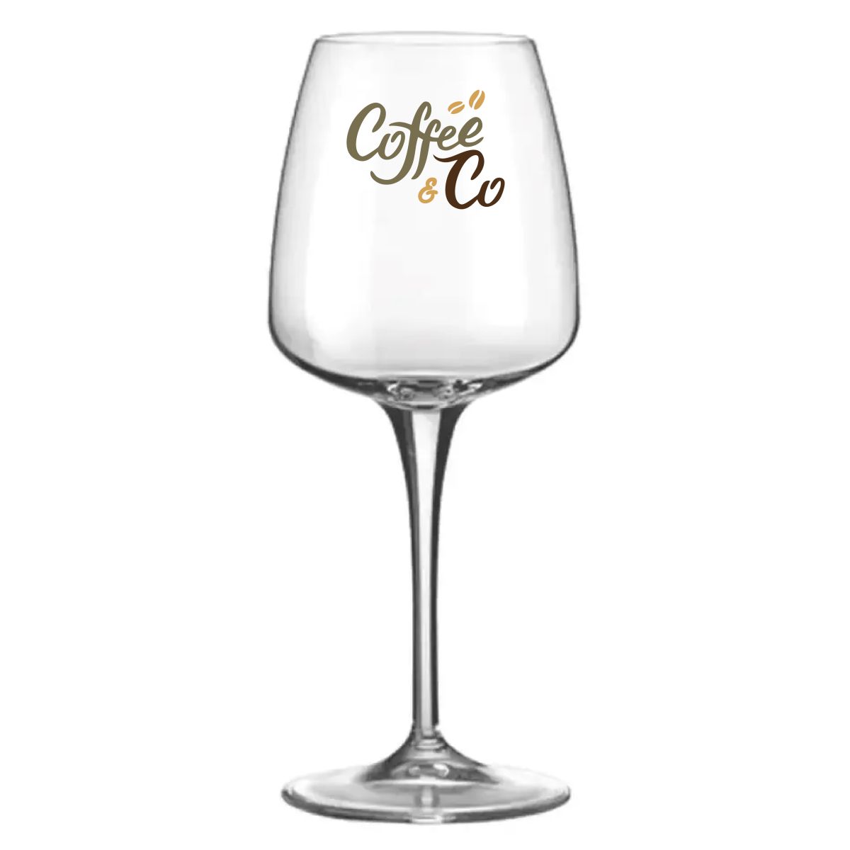 Front of the Aurum wine glass 52 cl. with multicoloured CoffeeCo logo printed on the glass surface.