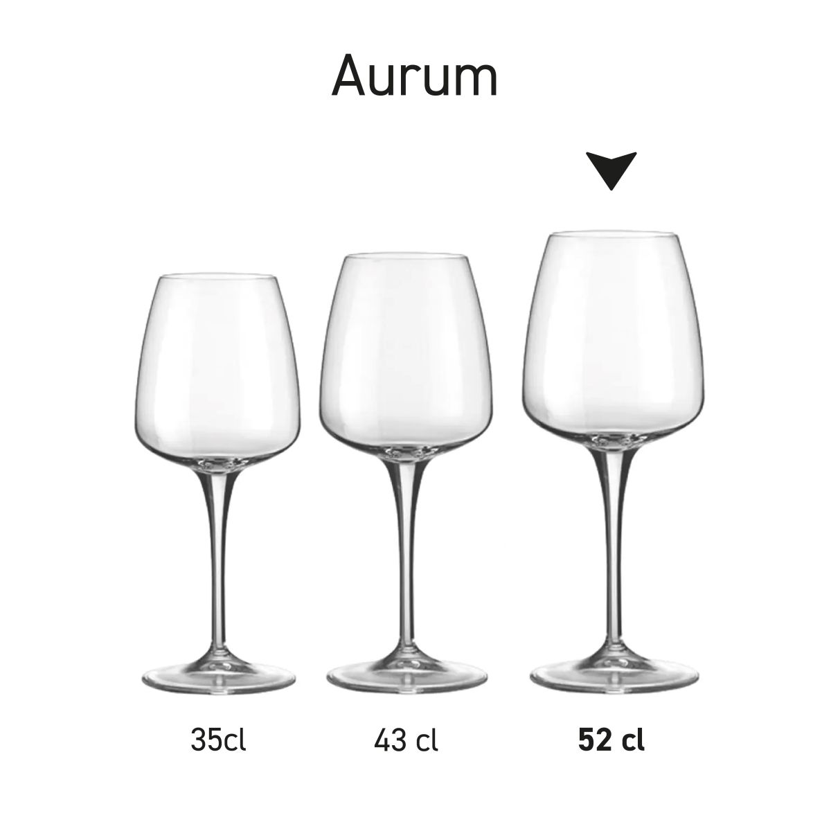 Detailed infographic showing scale and dimensions of the Aurum wine glass 52 cl.